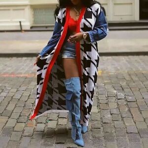 1095.  Stylish Houndstooth Denim and Patchwork Long Cardigan with Red Accents